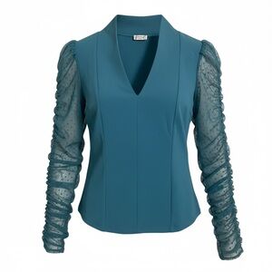 Free People Teal V-Neck Blouse with Mesh Sleeves